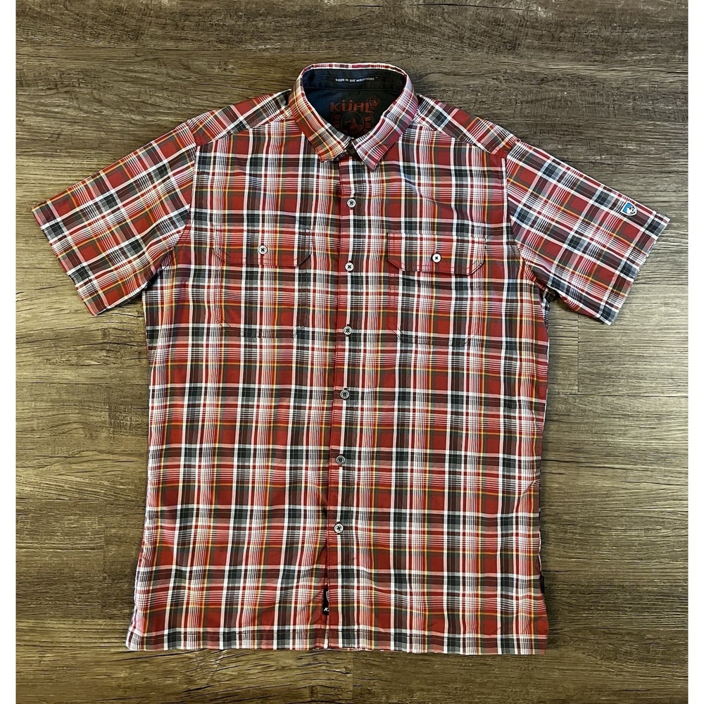 Kuhl Eluxur Button Up Short Sleeve Shirt Men Sz S Red Grey Yellow